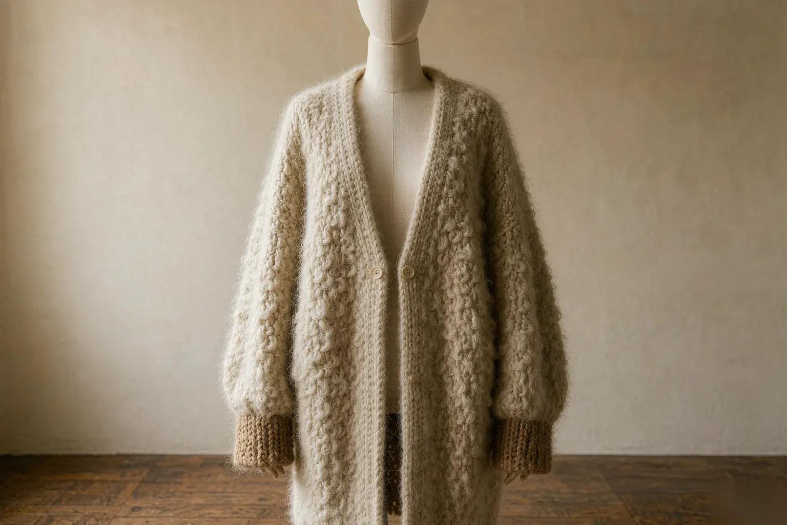 Mannequin wearing a beige mohair open cardigan
