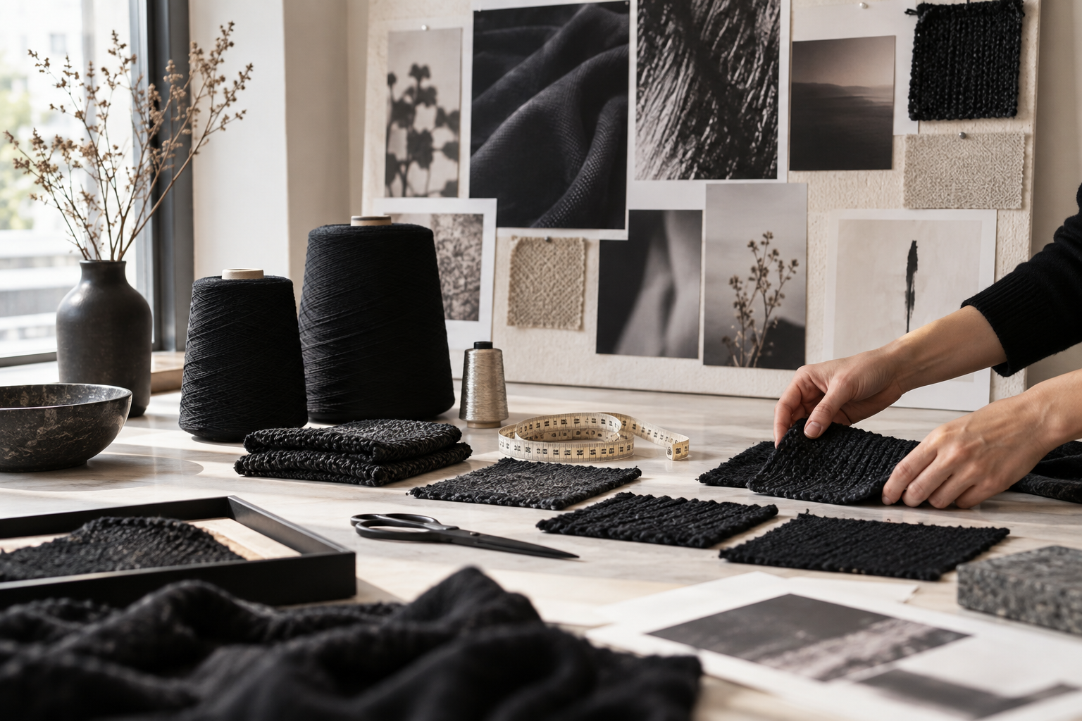 Illustrative knitwear development moodboard with black yarn and swatches