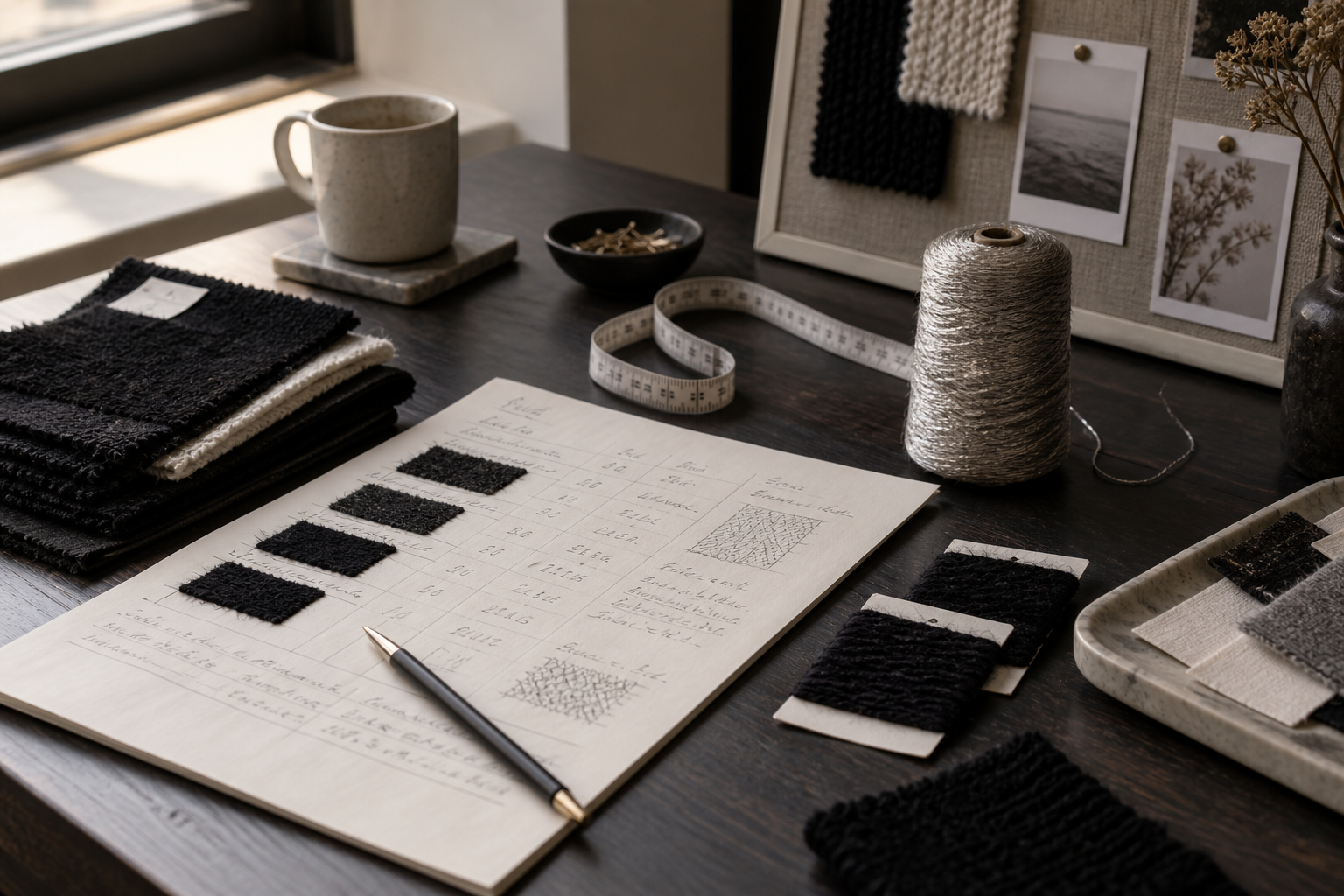 Illustrative development table with black knit swatches and shimmer thread
