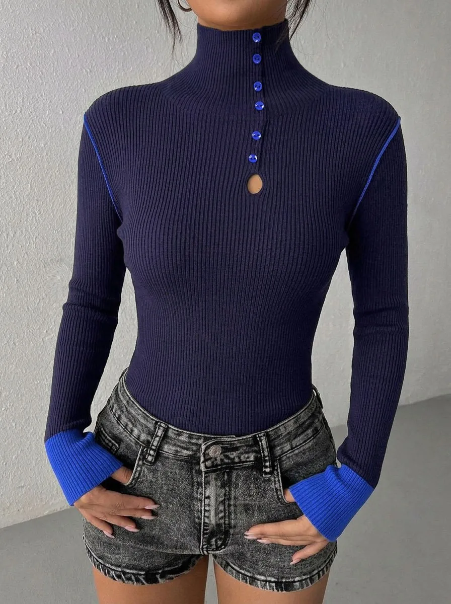 DK0715 reference: dark rib knit top with high neck, front buttons and blue cuffs