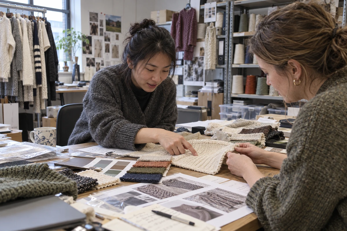 Buyer and knitwear developer reviewing a cream sample and colour references