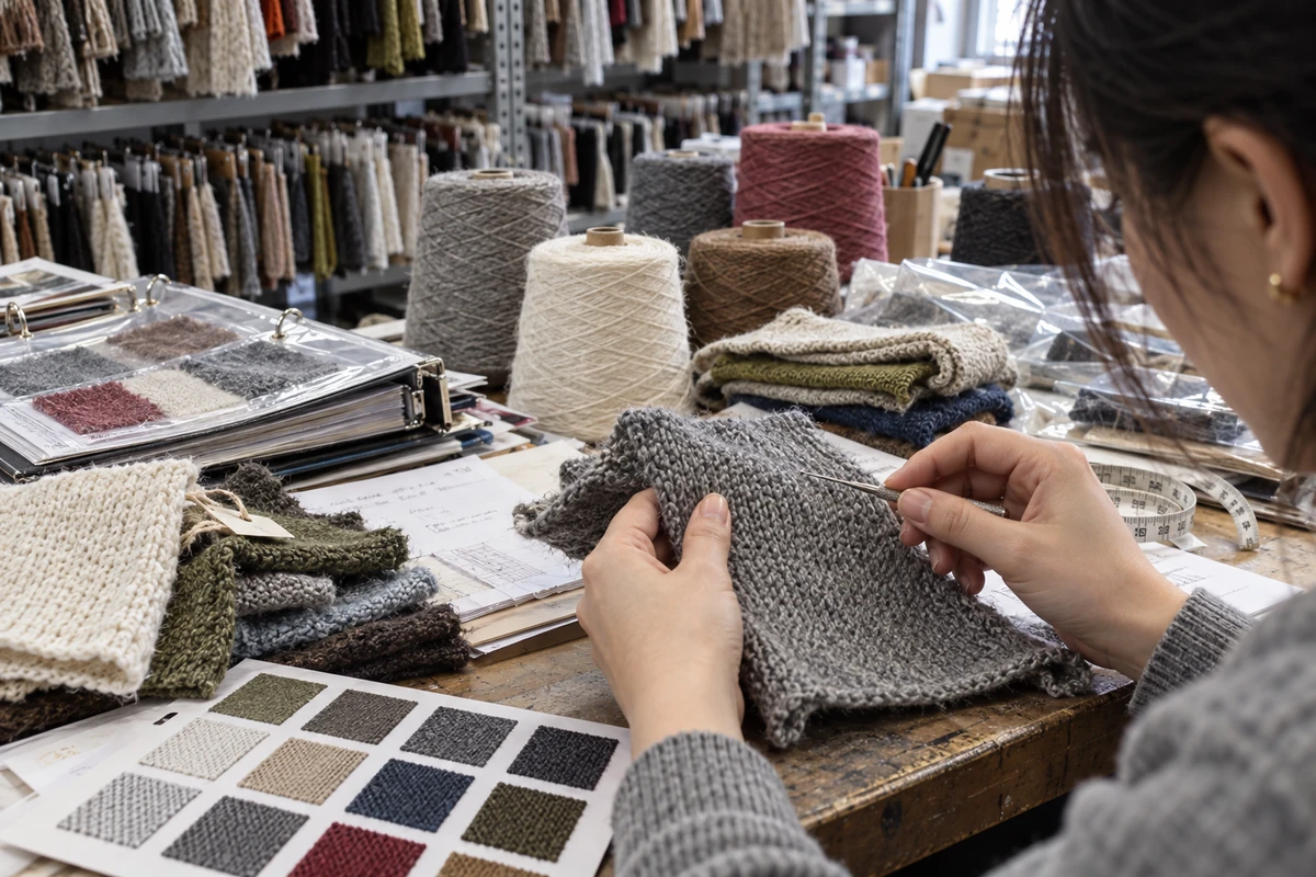 Knitwear developer checking the stitch and gauge of a physical swatch