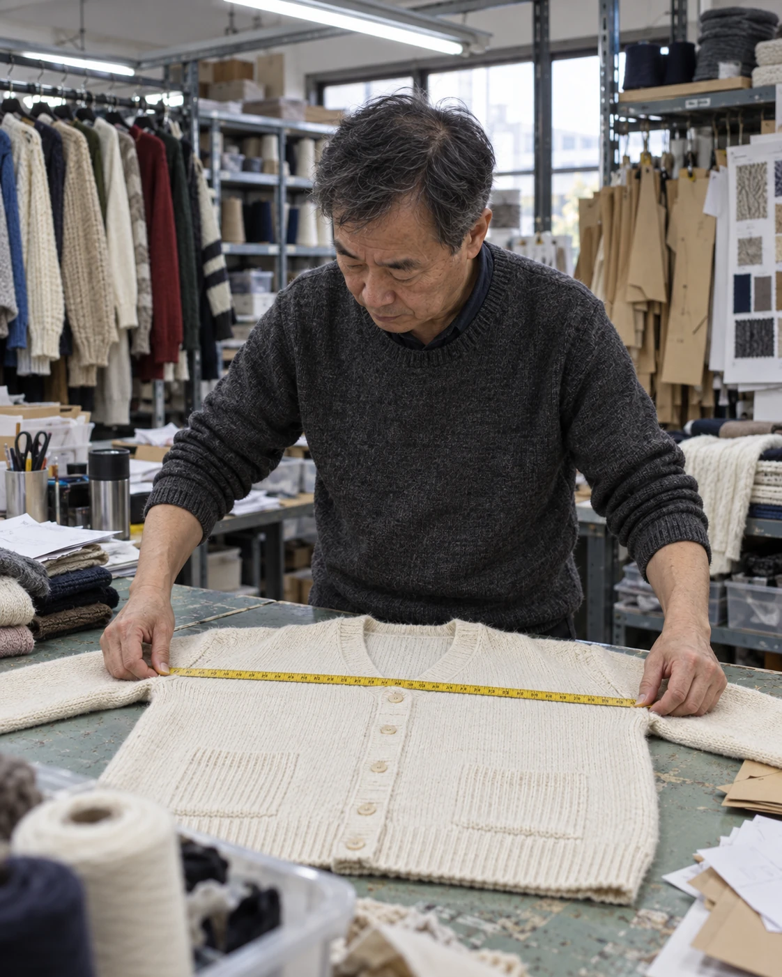 Knitwear technician measuring a full cream cardigan with a soft tape
