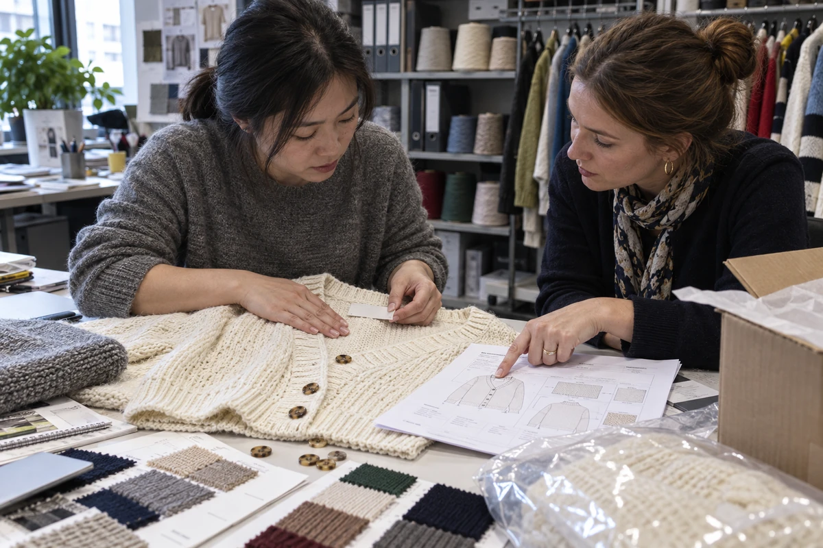 Buyer and developer confirming labels, trims and production details