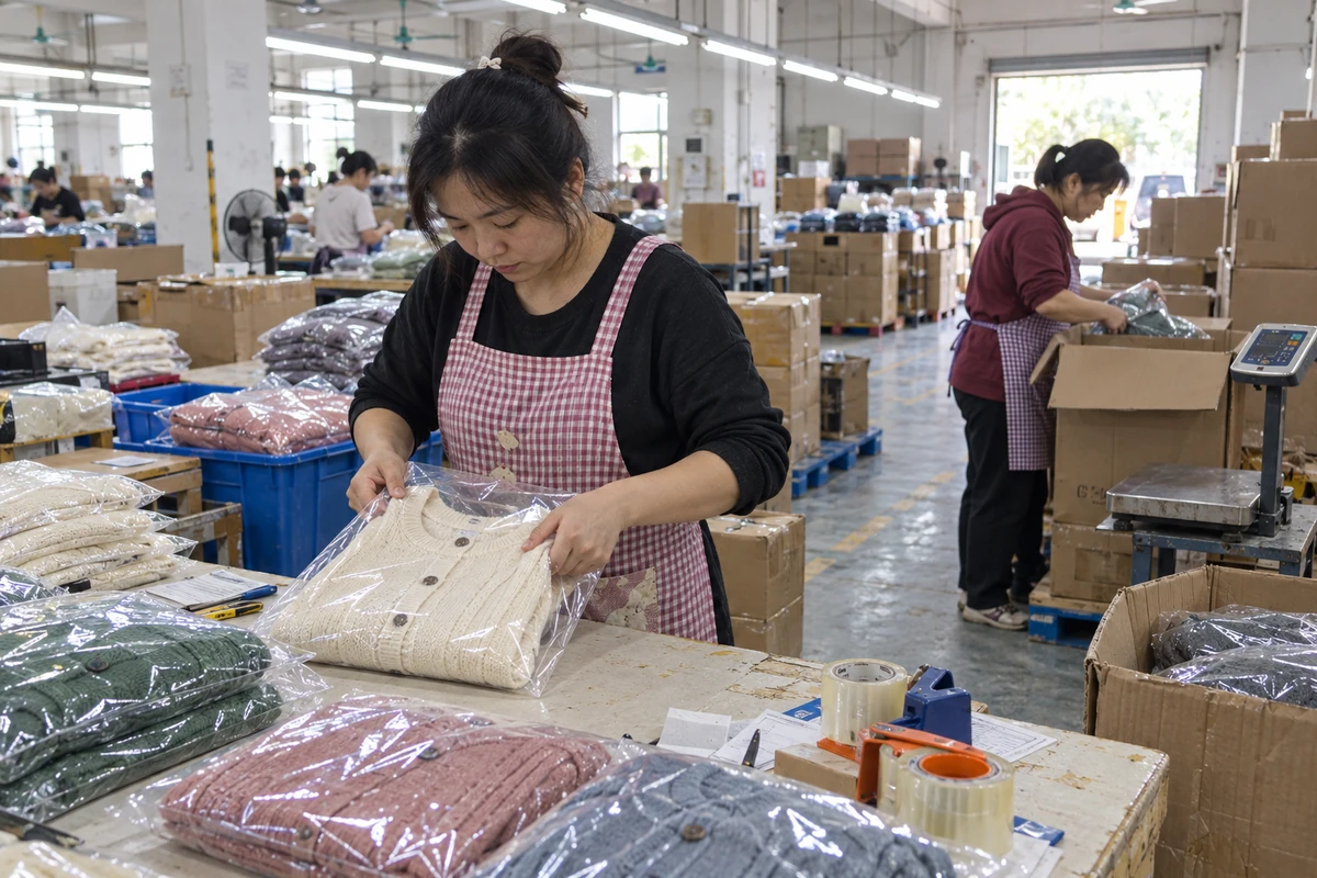 Workers checking and packing finished knitwear in a production area