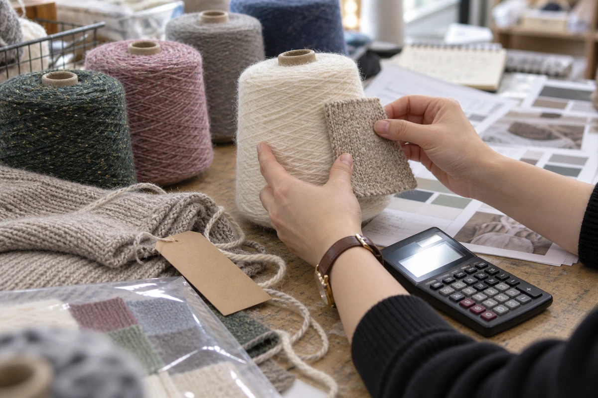 Merchandiser planning quantity with yarn, swatches and a calculator