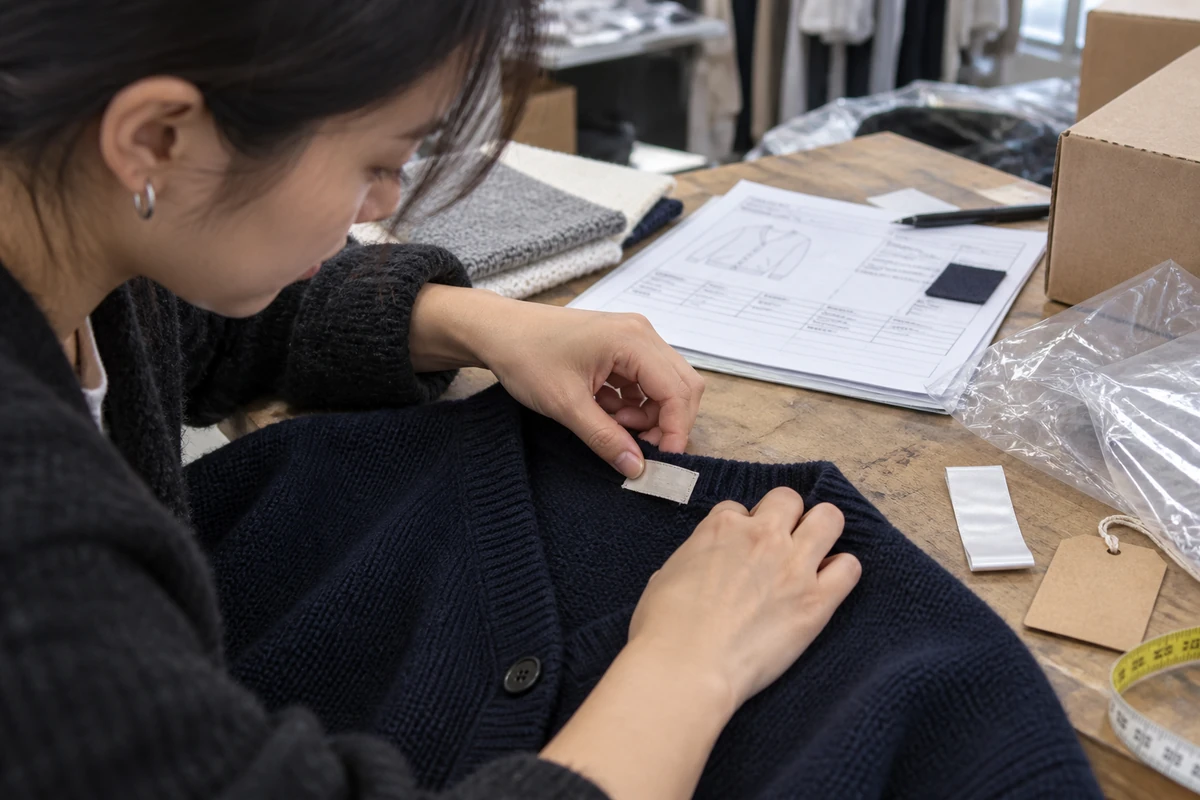 Hands checking a woven label inside a finished cardigan
