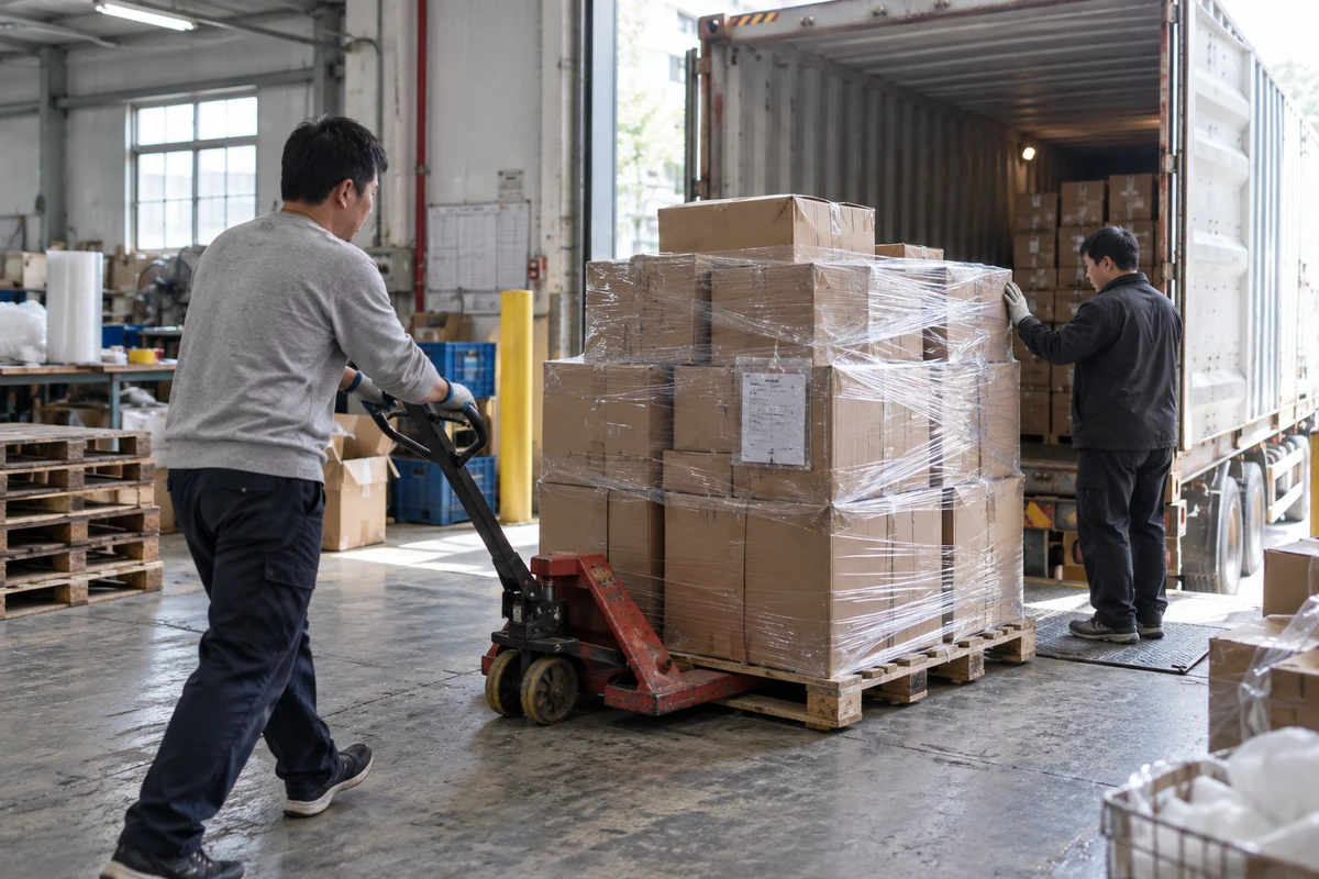 Workers loading packed cartons into an export container