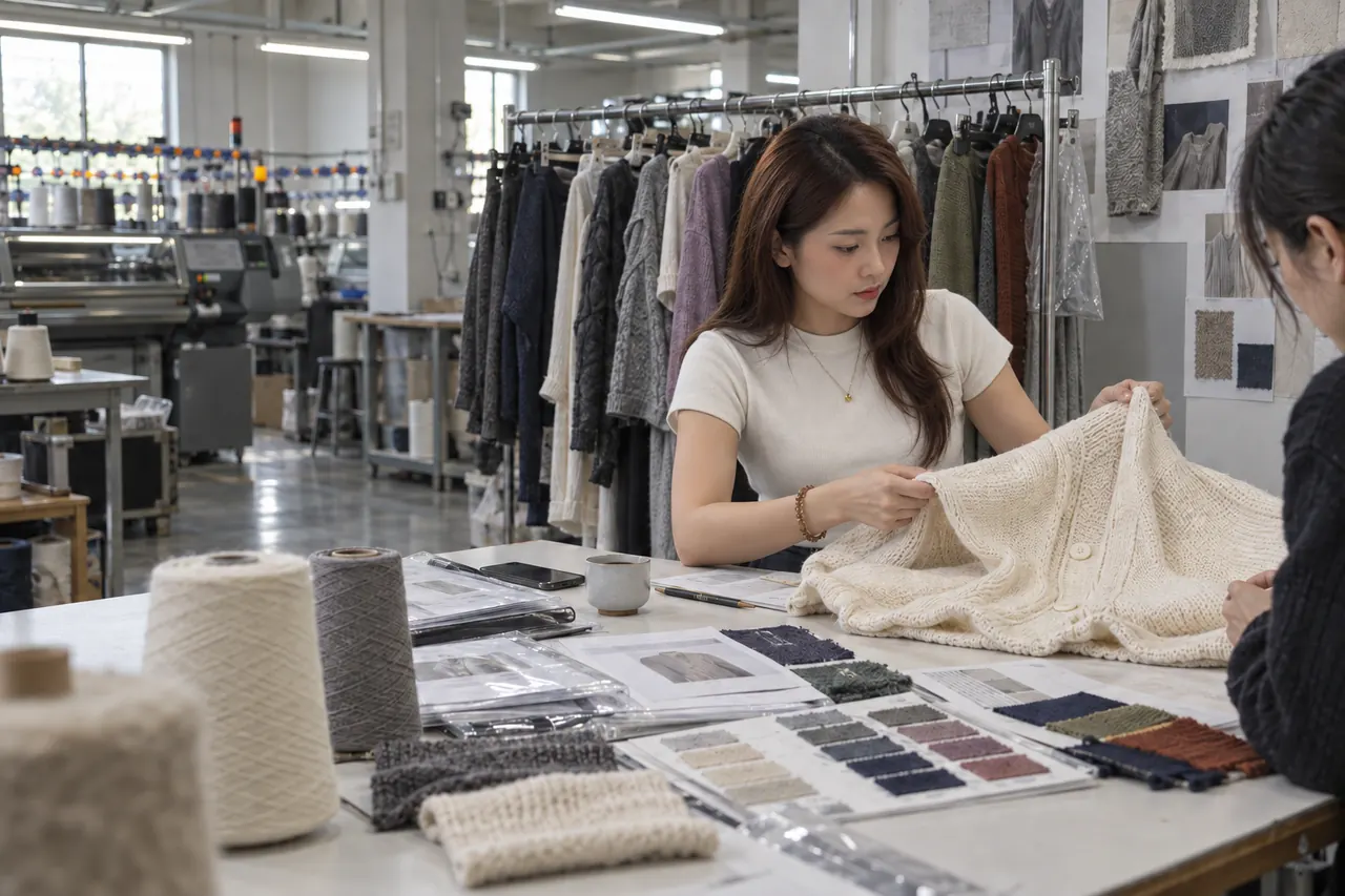 Knitwear development discussion in a sample room