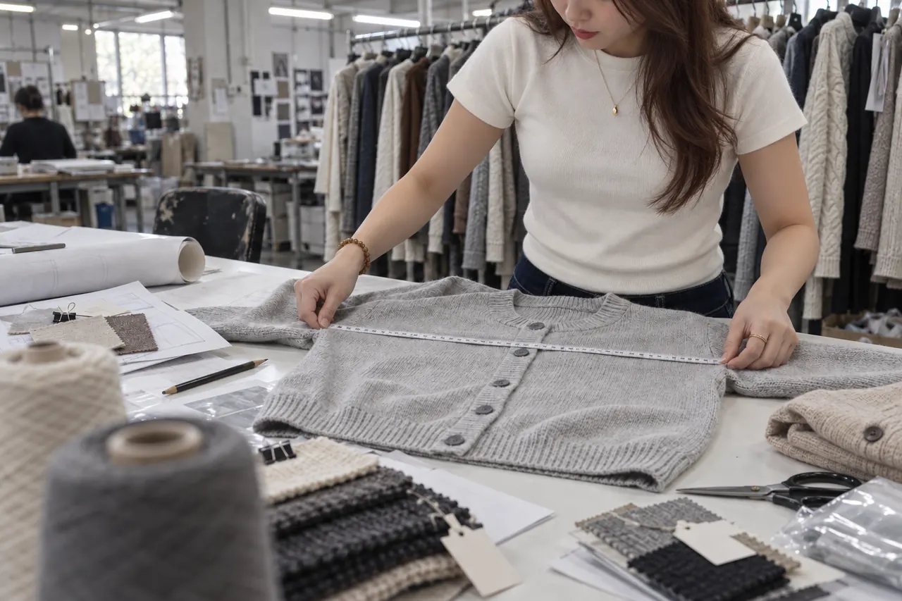 Checking a knitted cardigan with a soft measuring tape