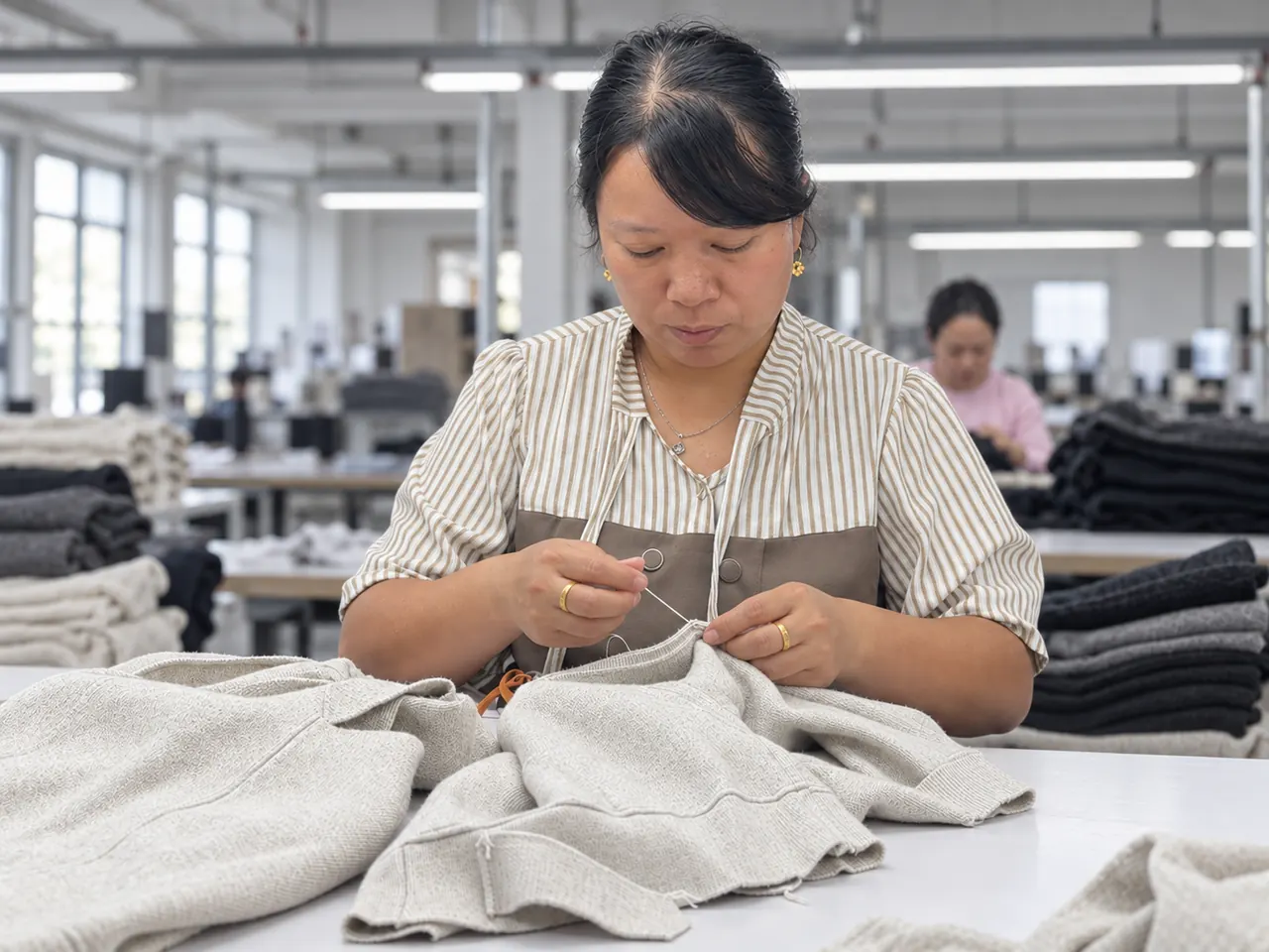 Hand finishing a knit sample at a factory production table