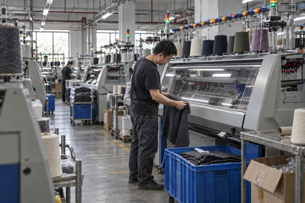 Operator checking a finished knit panel beside a flat knitting machine